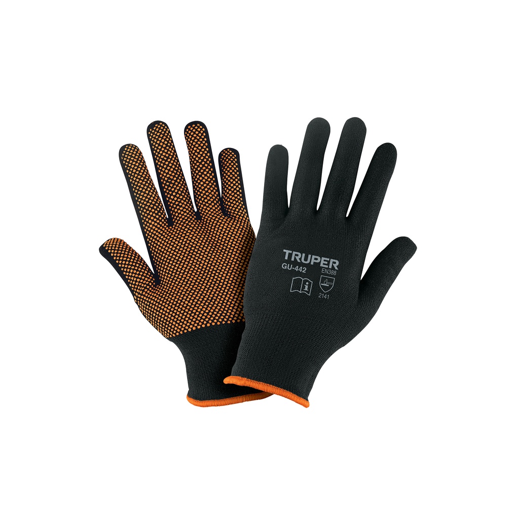 Guantes de poliéster con puntos de PVC en palma, M, Truper - Pag 448