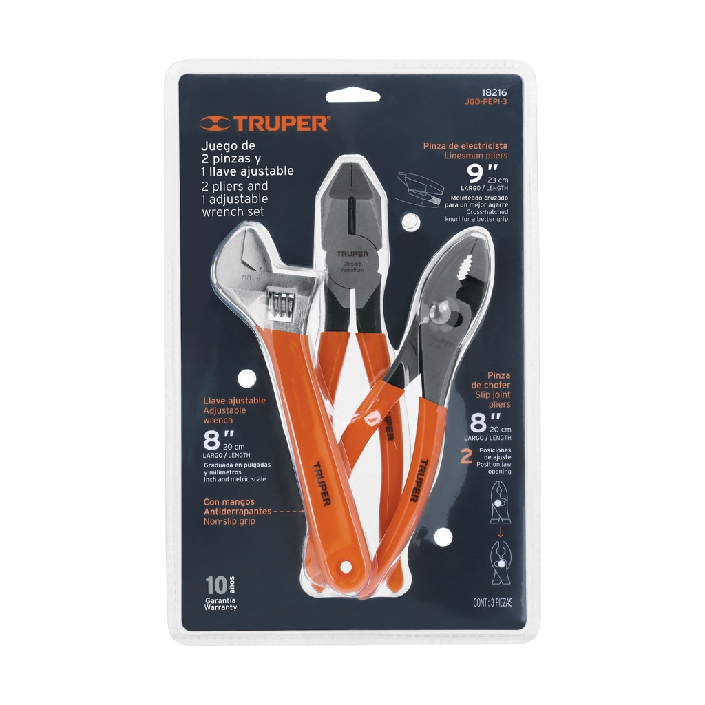 [T18216] Juego con 2 pinzas y 1 llave ajustable mango de PVC, Truper