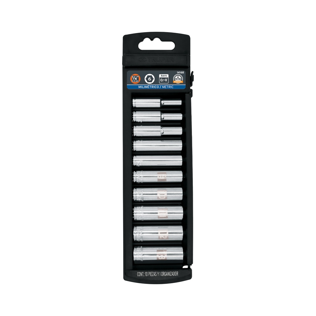 Juego de 10 dados largos cuadro 1/4' mm, Truper