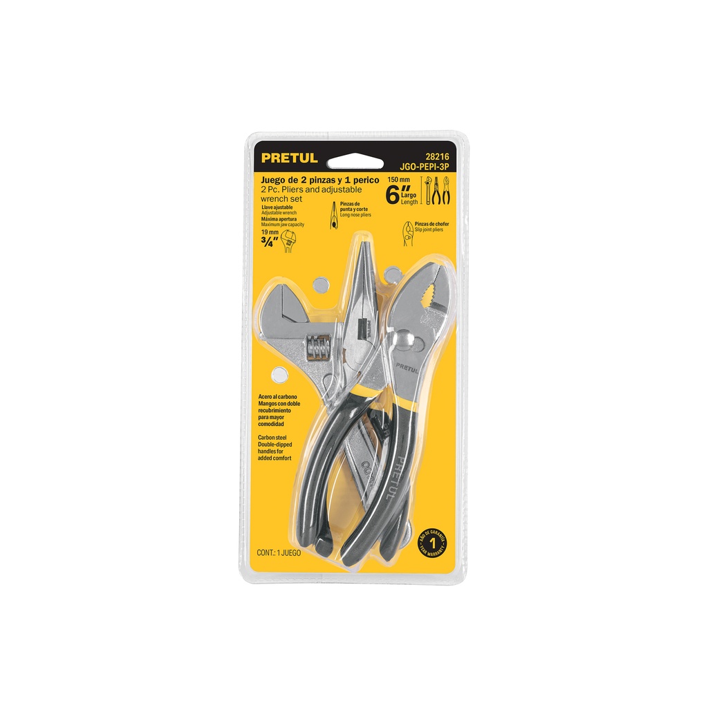 [T28216] Juego de 2 pinzas y 1 llave ajustable mango de vinil, Pretul