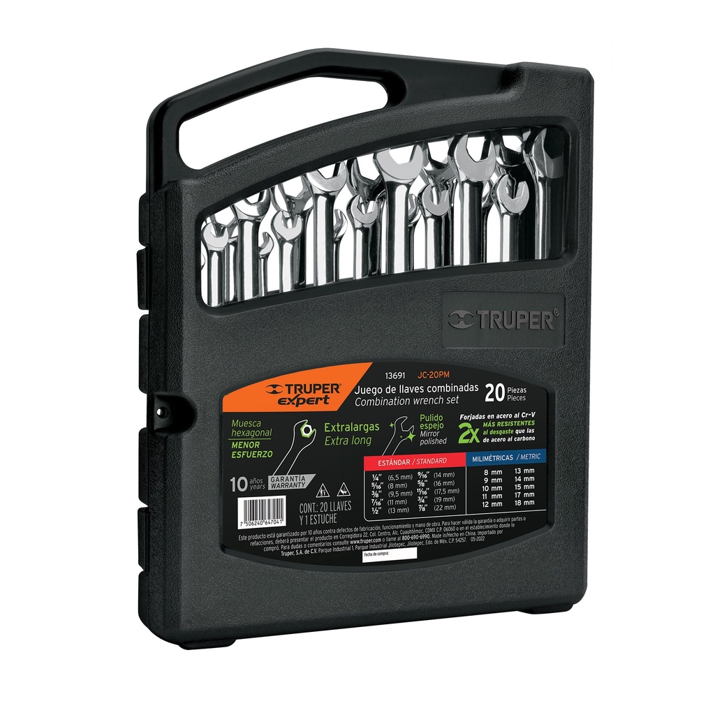 [T13691] Juego de 20 llaves combinadas std y mm pulidas, Expert