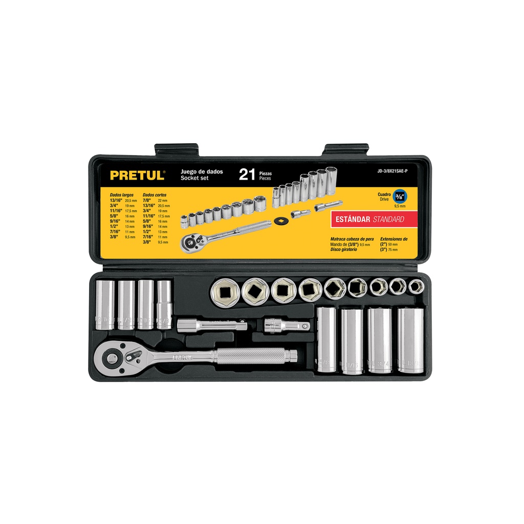 [T21187] Juego de 21 herramientas 3/8' std para mecánico, Pretul