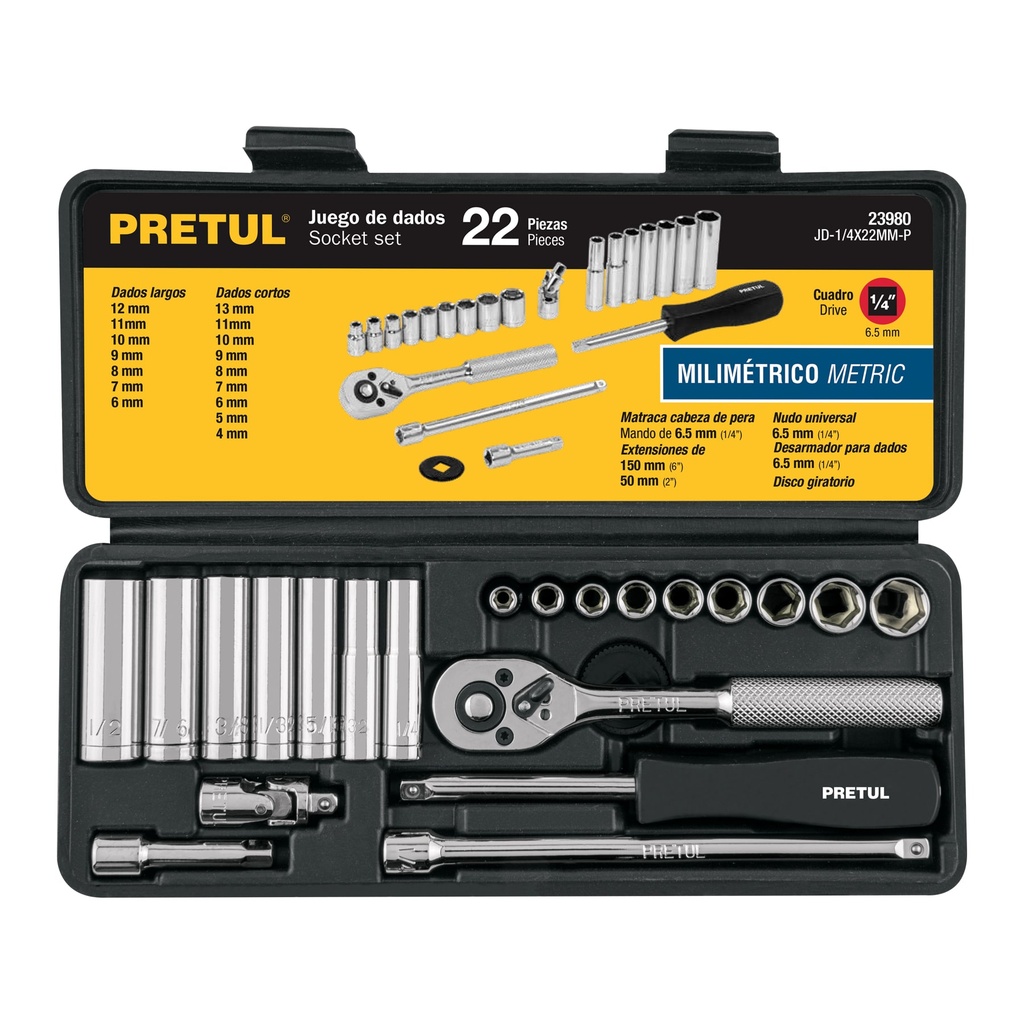 [T23980] Juego de 22 herramientas 1/4' mm para mecánico, Pretul