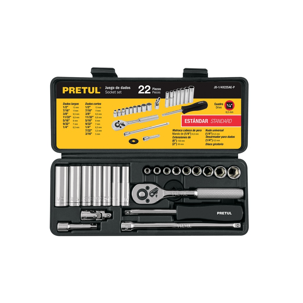 [T23981] Juego de 22 herramientas 1/4' std para mecánico, Pretul