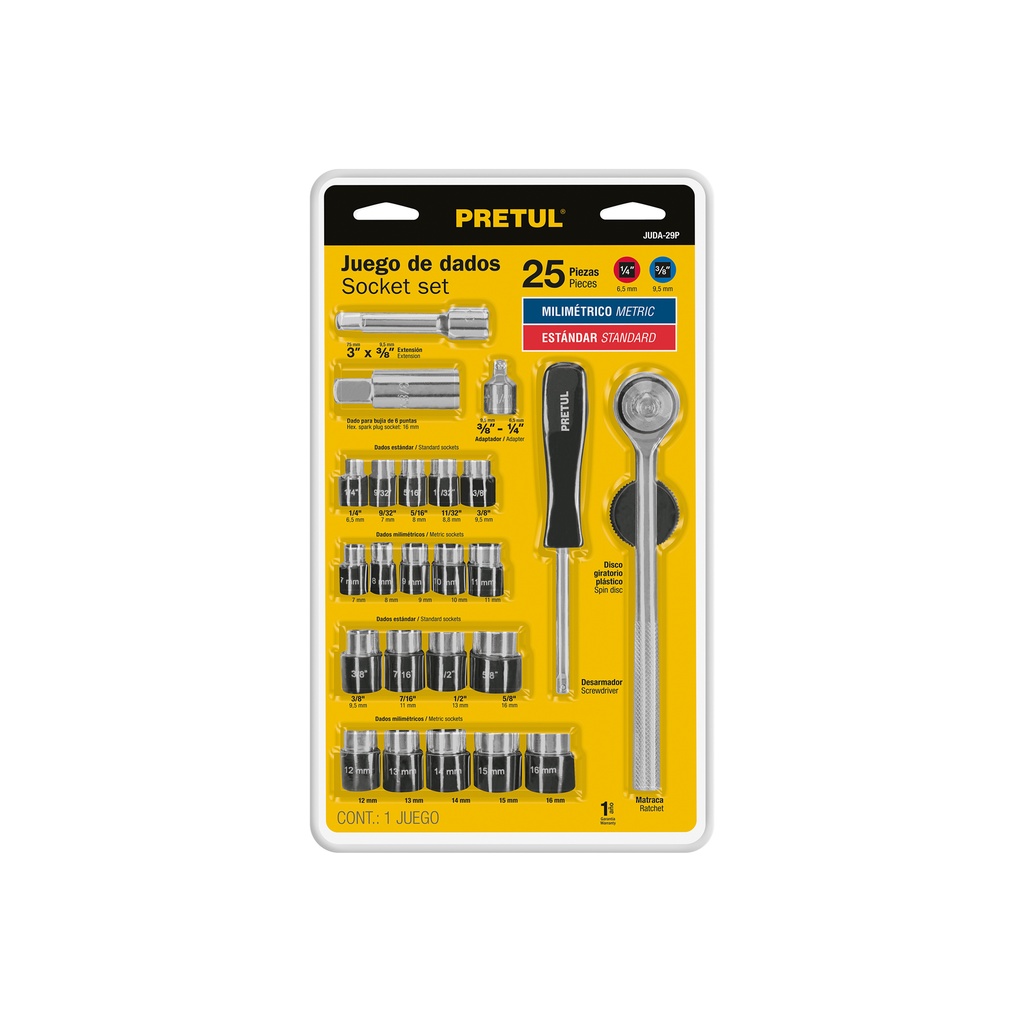 [T23974] Juego de 25 herramientas 1/4' y 3/8' para mecánico, Pretul