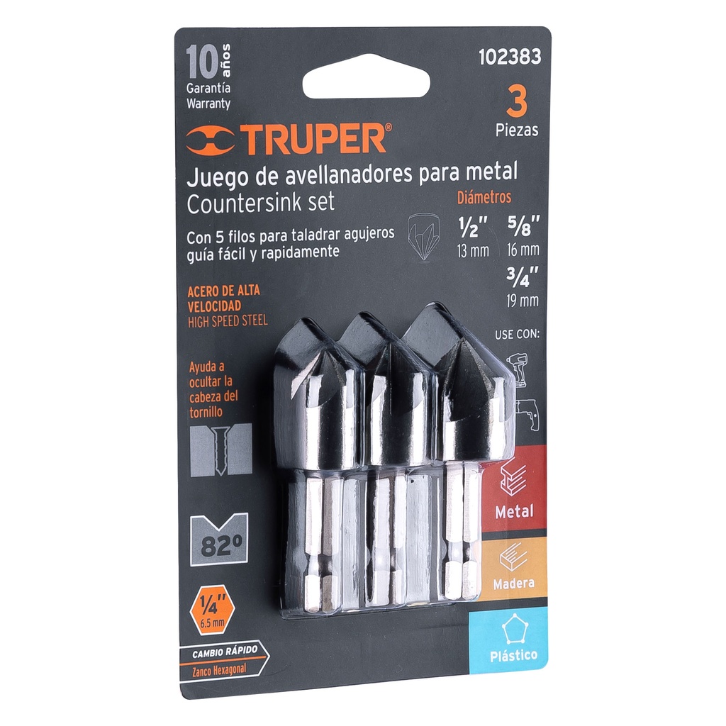 [T102383] Juego de 3 avellanadores HSS, Truper