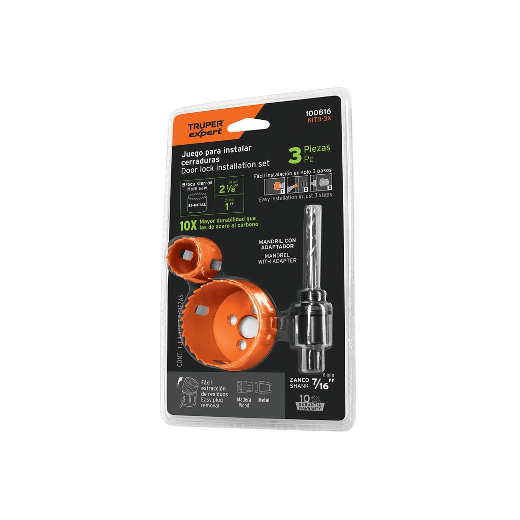 [T100816] Juego de 3 piezas para instalar cerraduras, Truper Expert