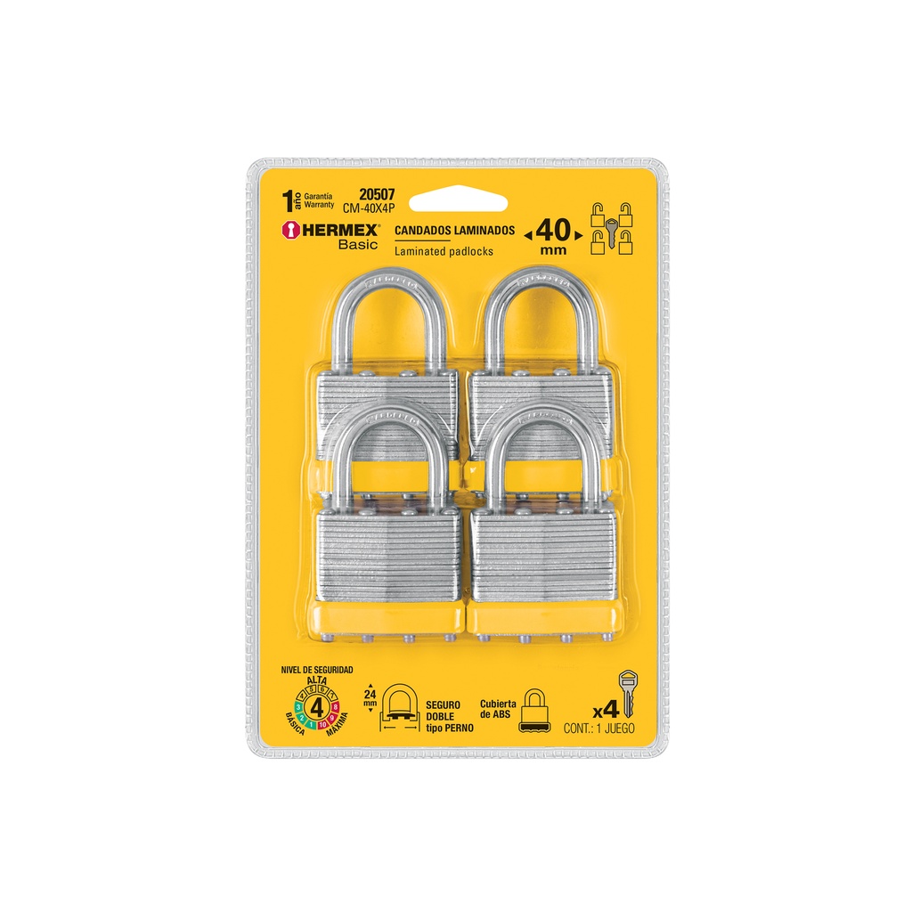 [T20507] Juego de 4 candados cuerpo laminado, 40 mm, Hermex Basic