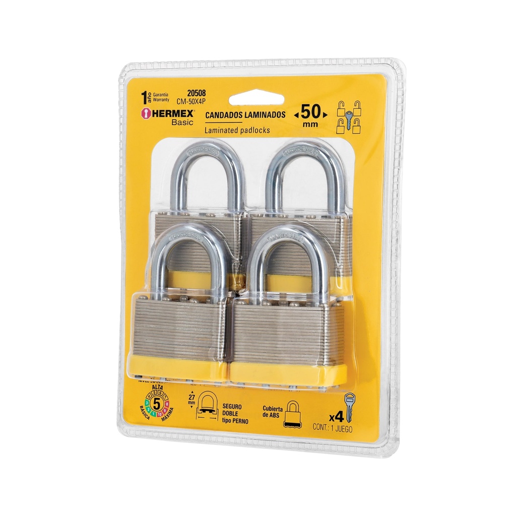 Juego de 4 candados cuerpo laminado, 50 mm, Hermex Basic - Pag 776, 798