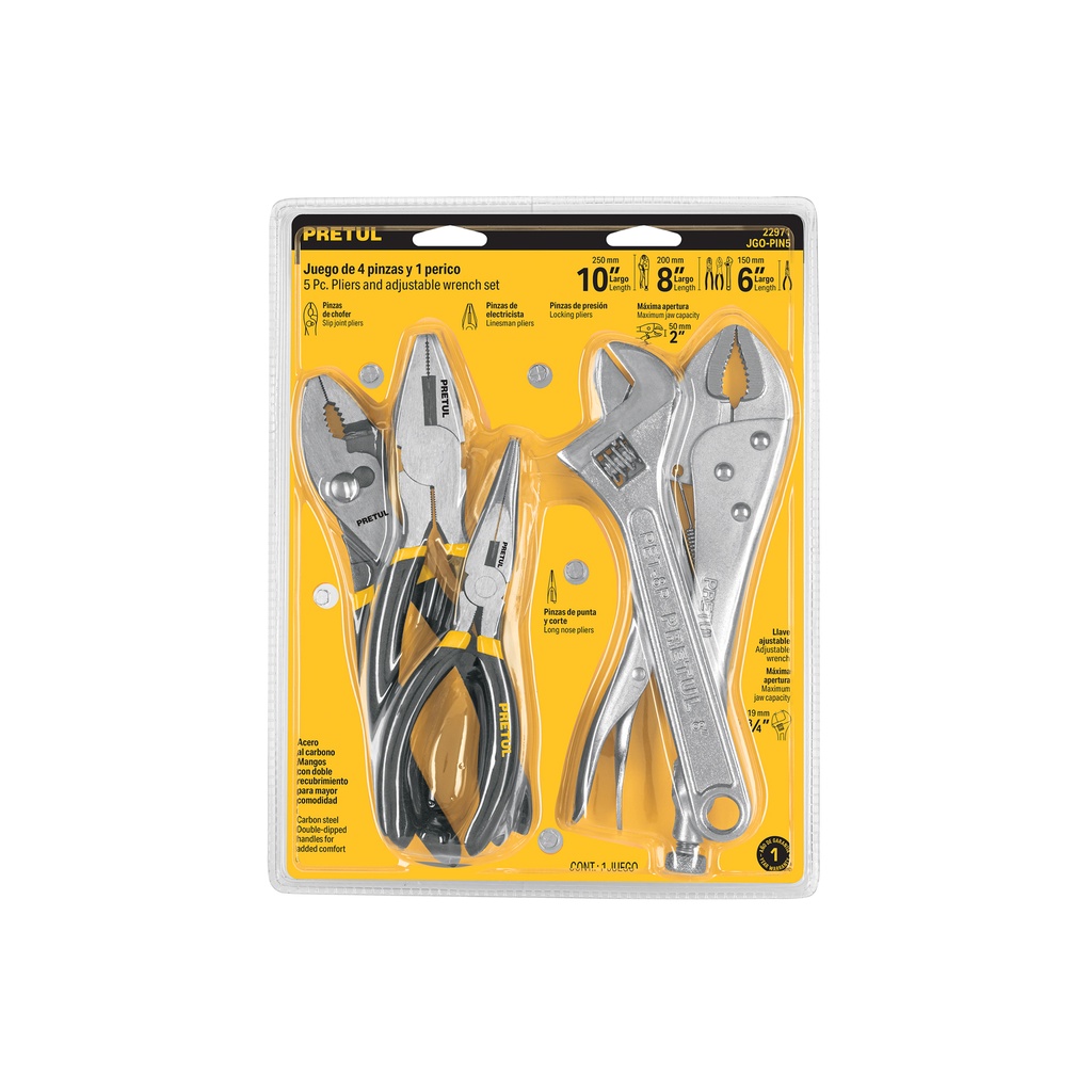 [T22971] Juego de 4 pinzas y 1 llave ajustable mango de vinil, Pretul
