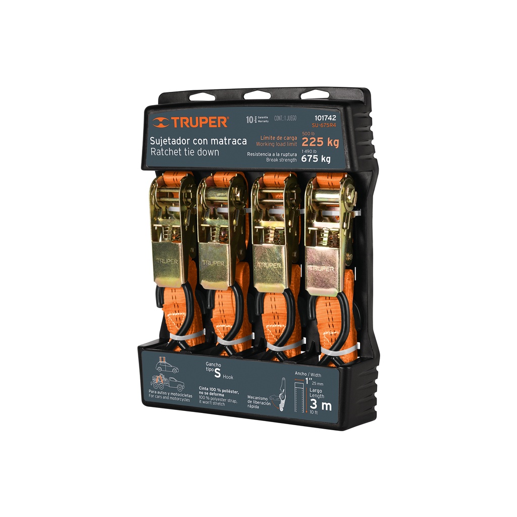 Juego de 4 sujetadores con matraca carga máxima 675 kg