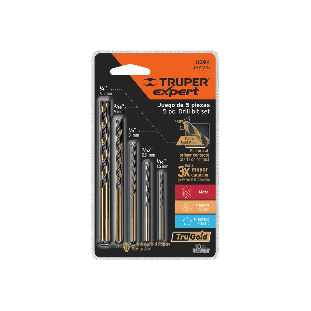 Juego de 5 brocas HSS para metal, Truper Expert