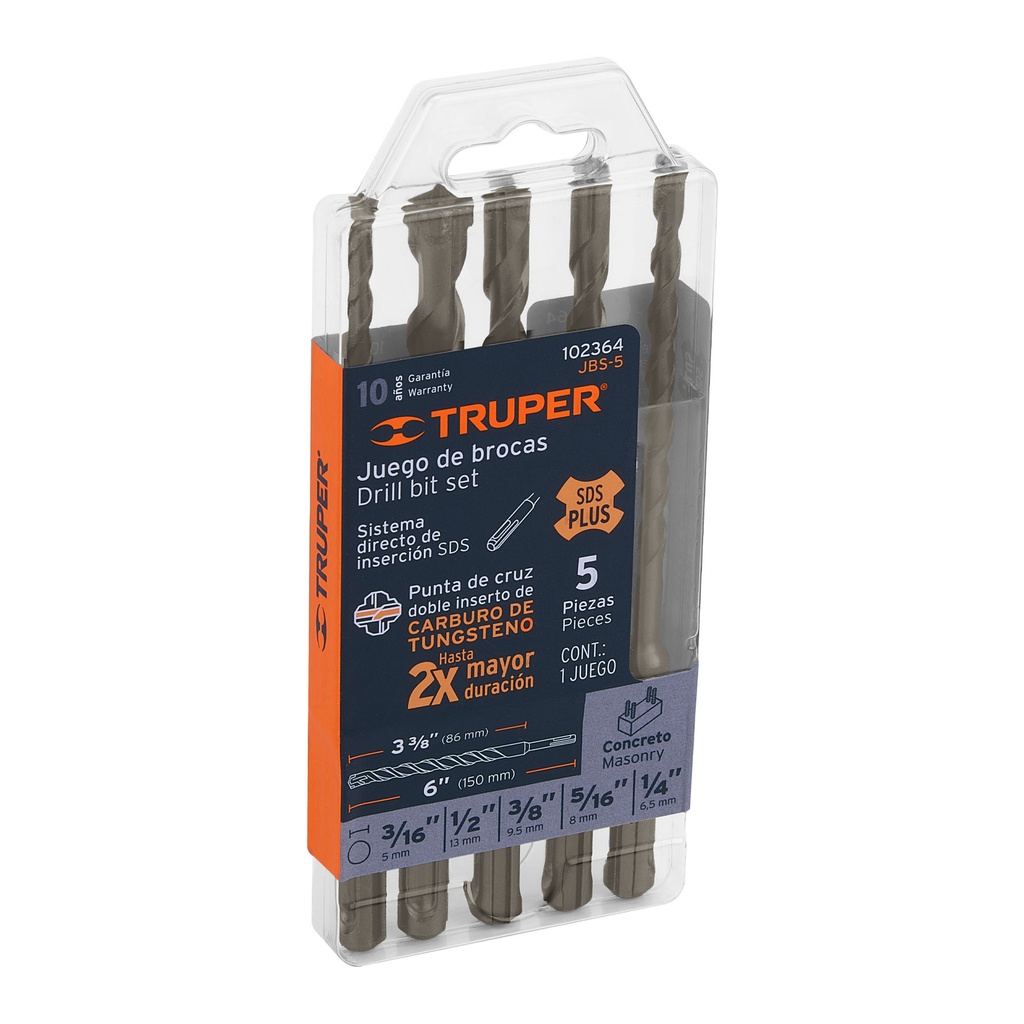 [T102364] Juego de 5 brocas para concreto SDS Plus, Truper