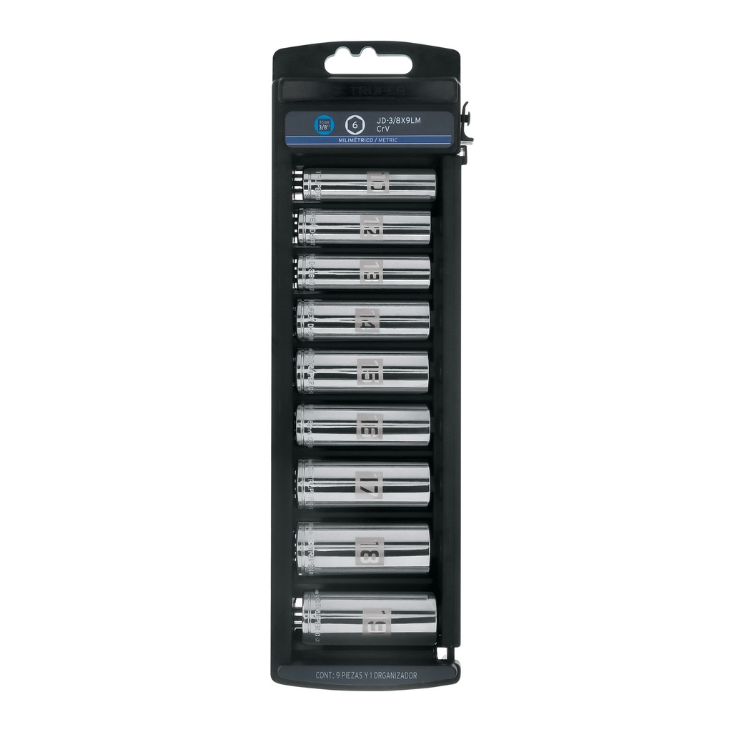 Juego de 9 dados largos cuadro 3/8' mm, Truper