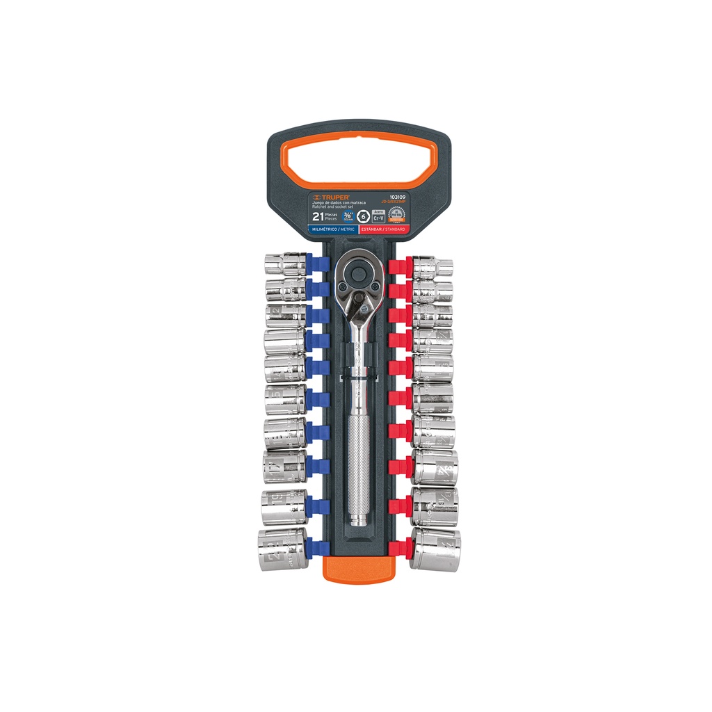 Juego de dados mm y std con matraca, cuadro 3/8', Truper - Pag 117