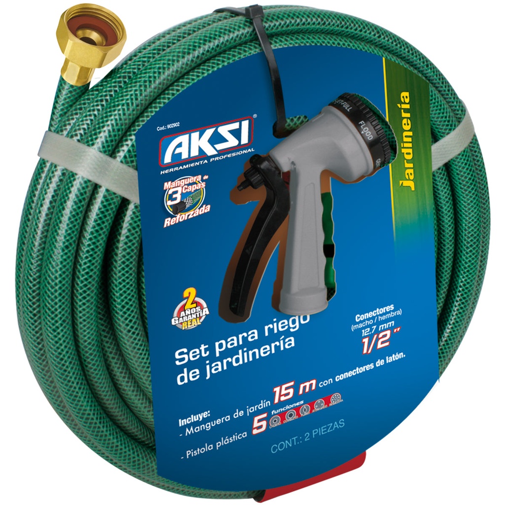 Kit manguera de jardin 15 mts con pistola de riego de 5 funciones