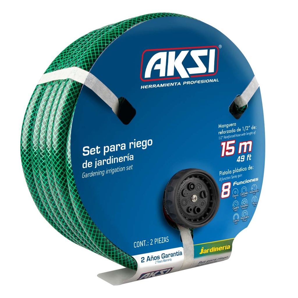 Kit manguera de jardin 15 mts con pistola de riego de 8 funciones