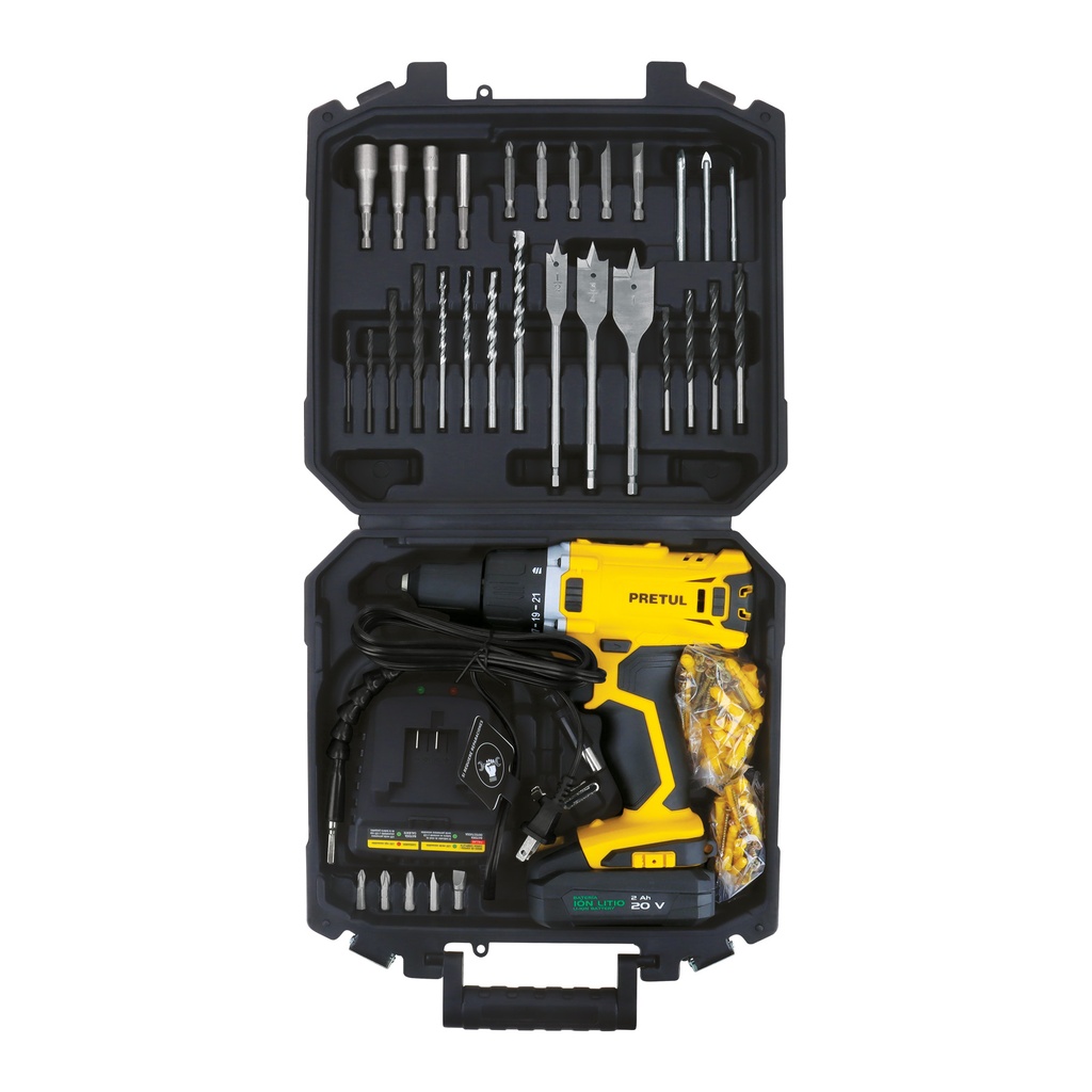 Kit taladro inalámbrico 1/2', 20 V y 32 accesorios, Pretul