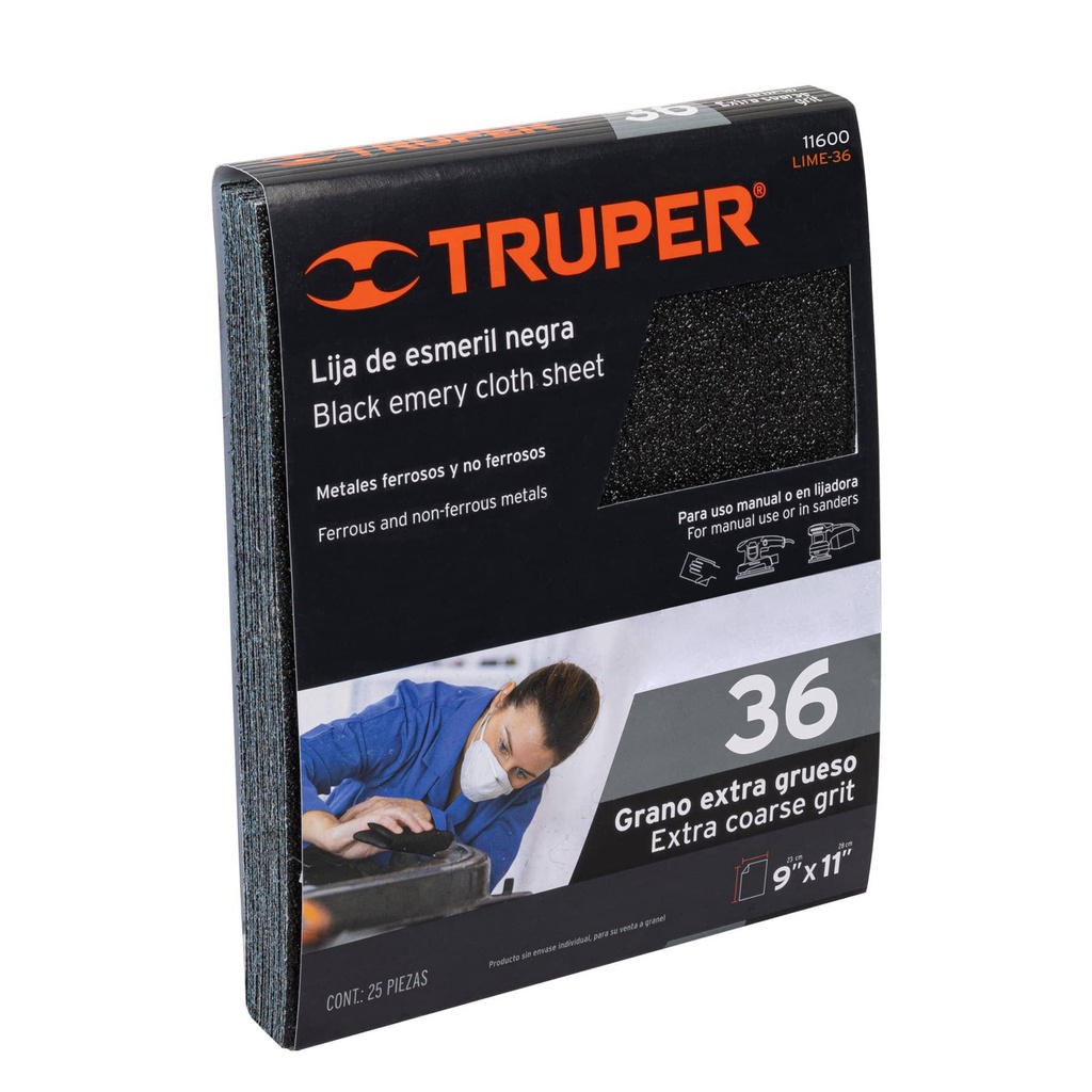 Lija de esmeril negra grano 36 de óxido de aluminio, Truper - Pag 195