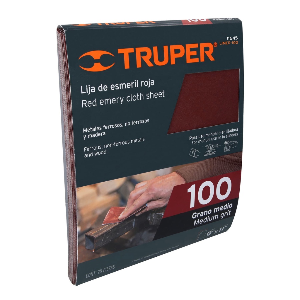 [T11645] Lija de esmeril roja grano 100 de óxido de aluminio, Truper - Pag 195