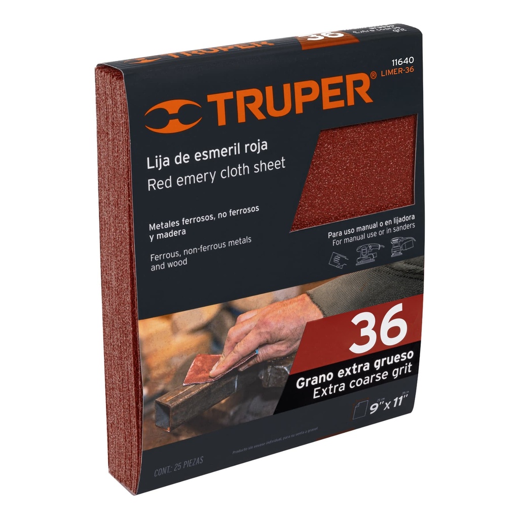 Lija de esmeril roja grano 36 de óxido de aluminio, Truper - Pag 195