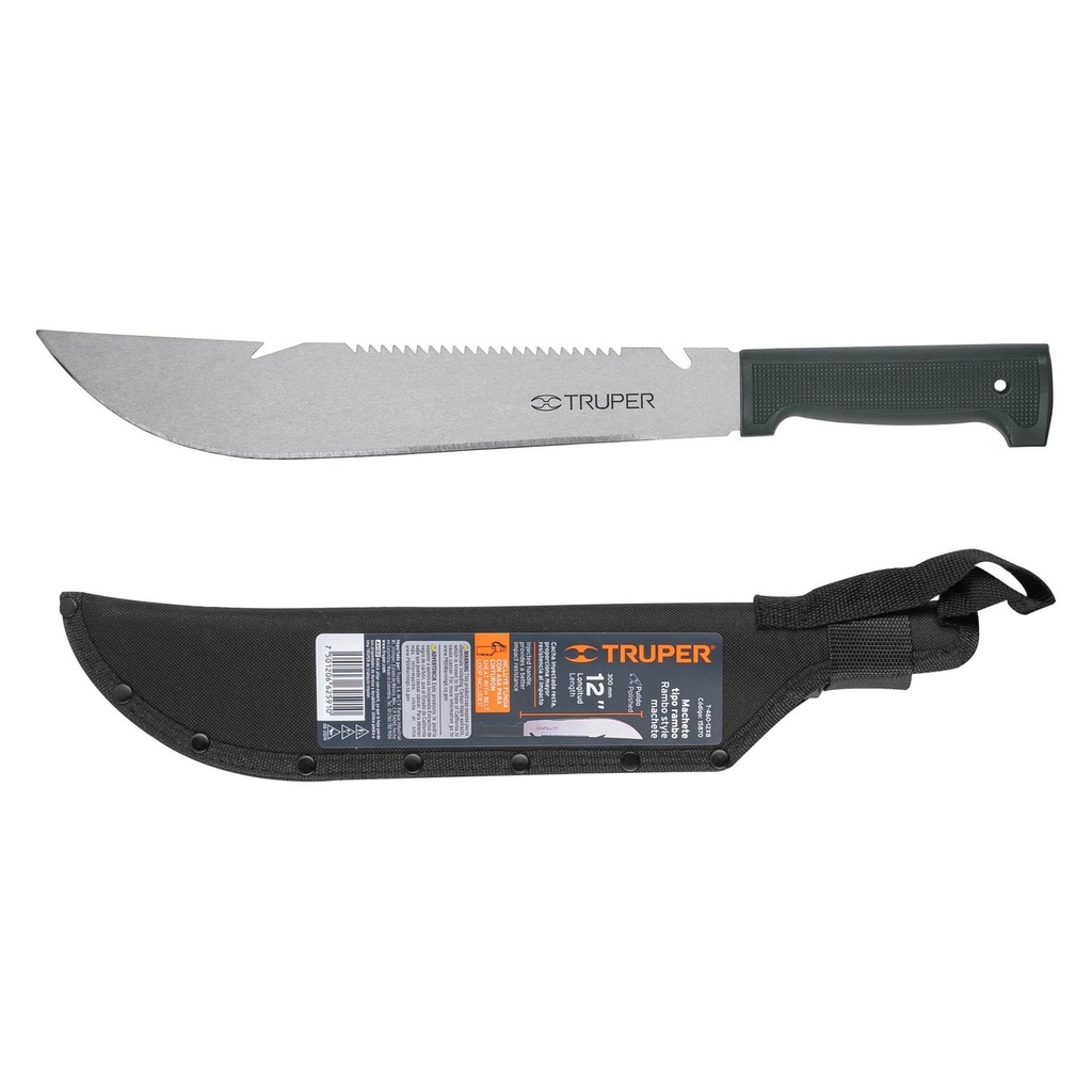 Machete rambo 12' cacha inyectada negra, con funda, Truper - Pag 289