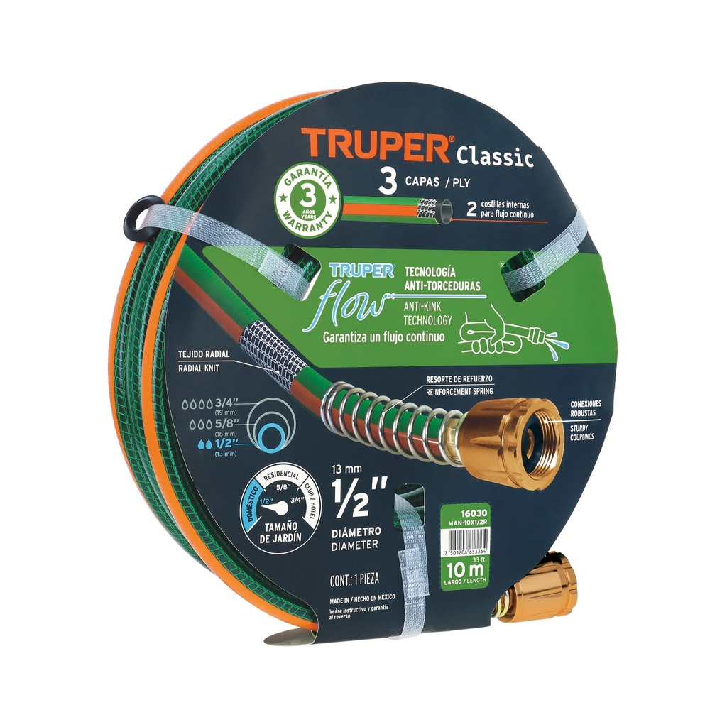 Manguera 1/2' reforzada 3 capas 10 m conexiones de metal
