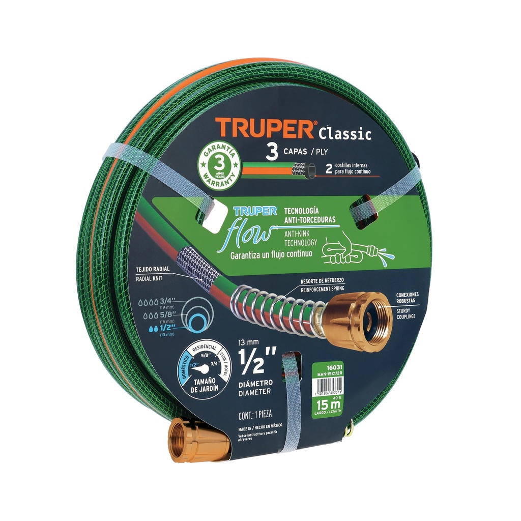 Manguera 1/2' reforzada 3 capas 15 m conexiones de metal - Pag 228