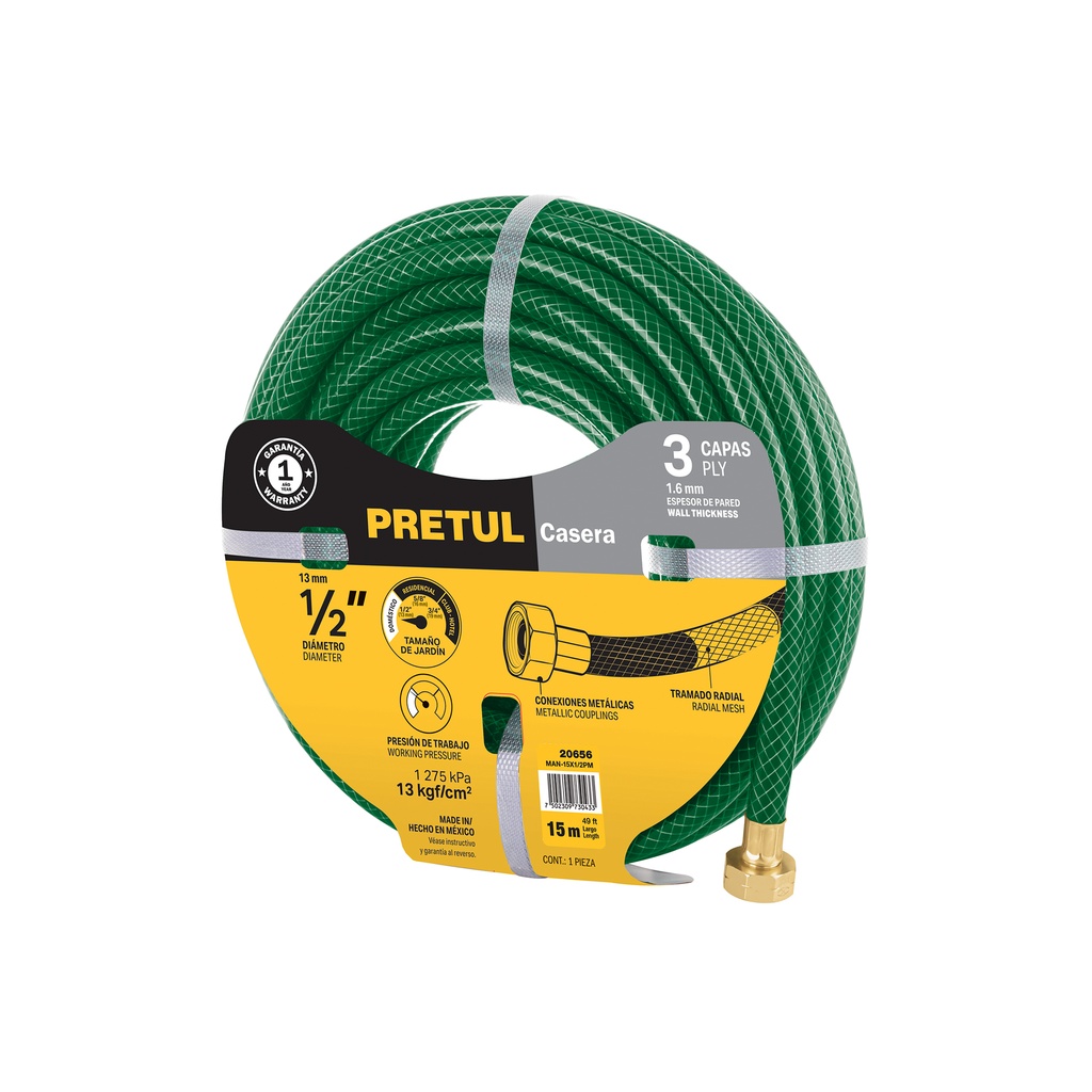 Manguera 1/2' reforzada 3 capas conexiones metal 15m, Pretul - Pag 229