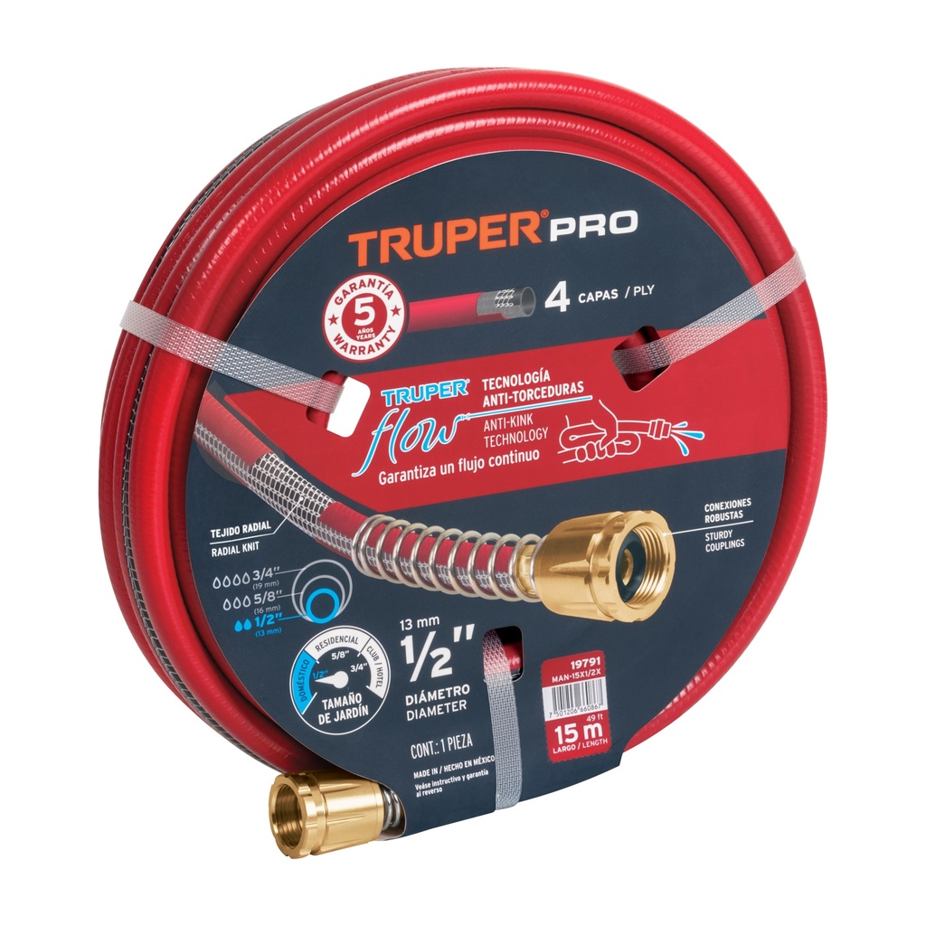 Manguera 1/2' super reforzada 4 capas 15 m conexiones metal - Pag 228