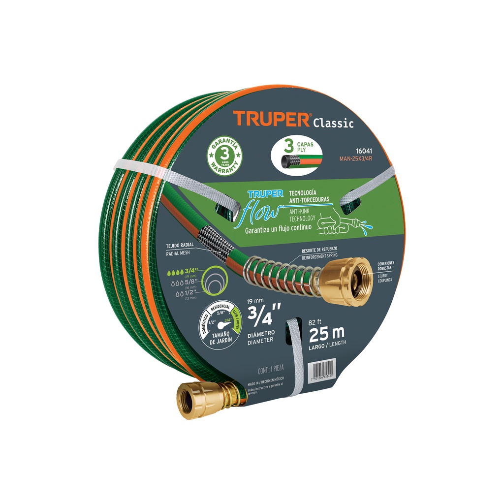 Manguera 3/4' reforzada 3 capas conexiones de metal 25 m