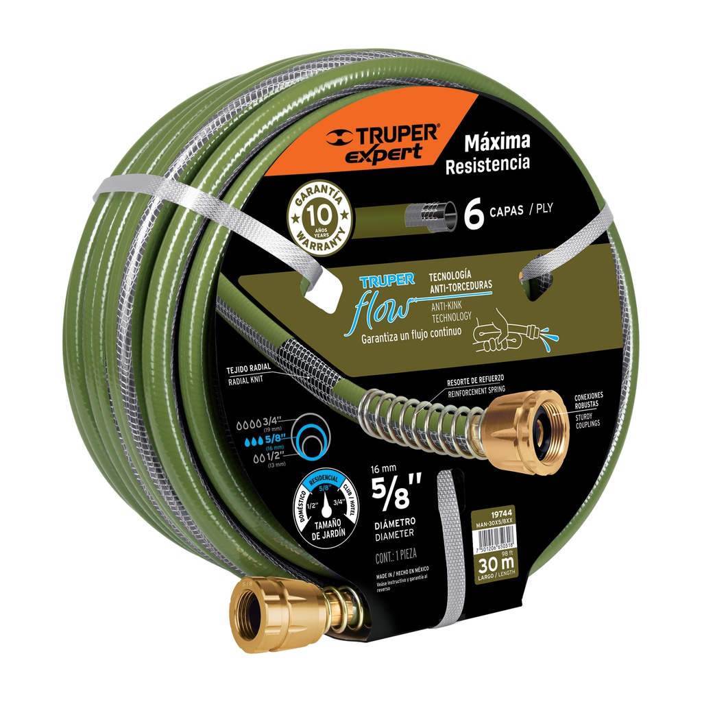 Manguera 5/8' anti-torceduras 6 capas 30m conexiones d/metal - Pag 228