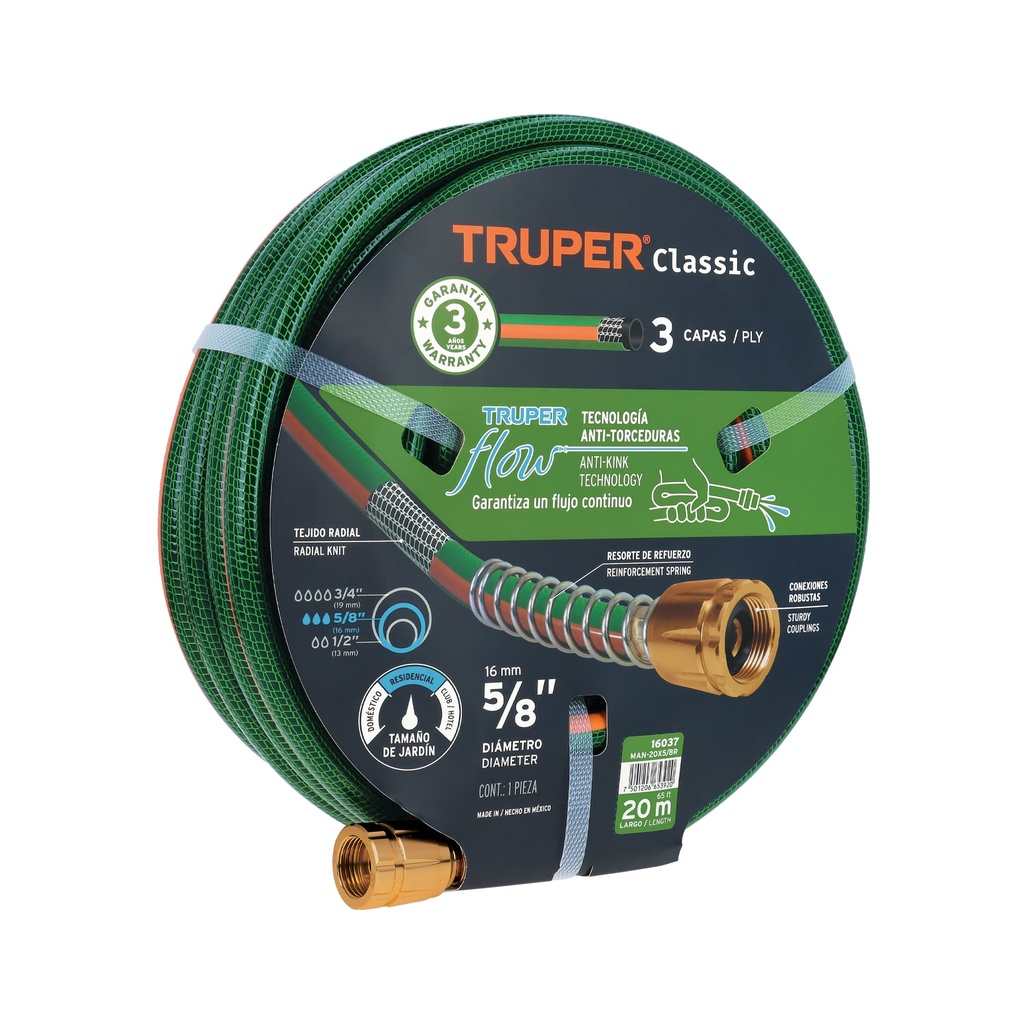 [T16037] Manguera 5/8' reforzada 3 capas 20 m conexiones de metal