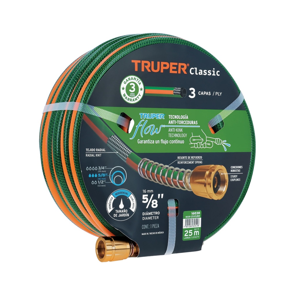 Manguera 5/8' reforzada 3 capas 25 m conexiones de metal