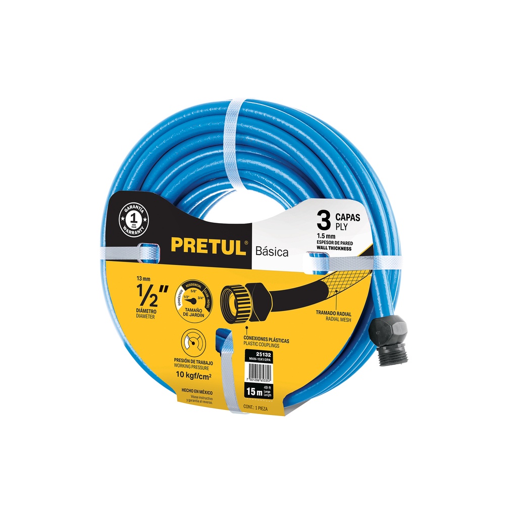 Manguera azul 1/2' 2 capas 15 m conexiones plásticas, Pretul