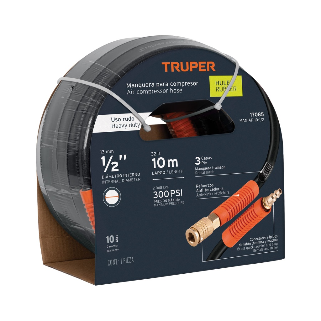 Manguera de hule para compresor, 10 m x 1/2', Truper