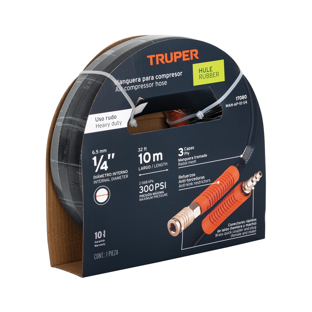 Manguera de hule para compresor, 10 m x 1/4', Truper