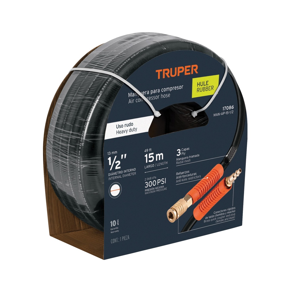 Manguera de hule para compresor, 15 m x 1/2', Truper