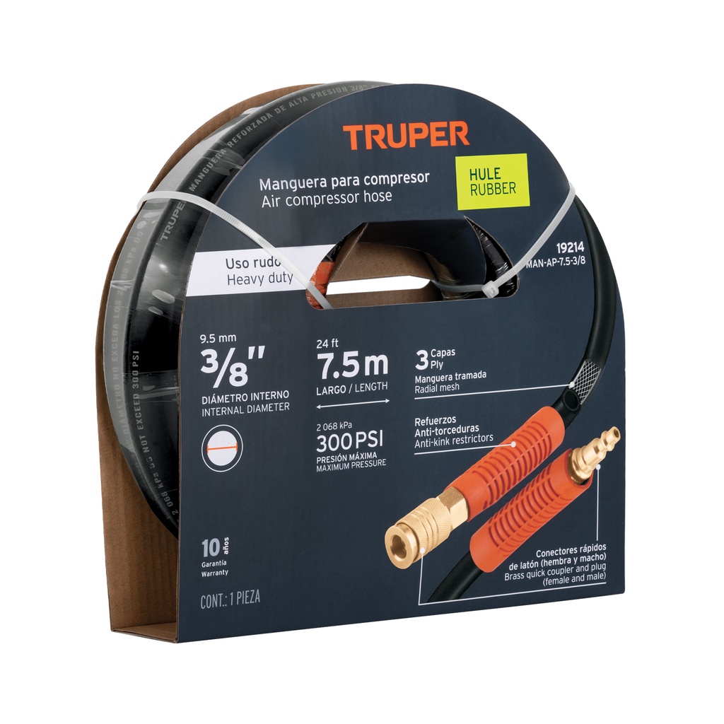 Manguera de hule para compresor, 7.5 m x 3/8', Truper