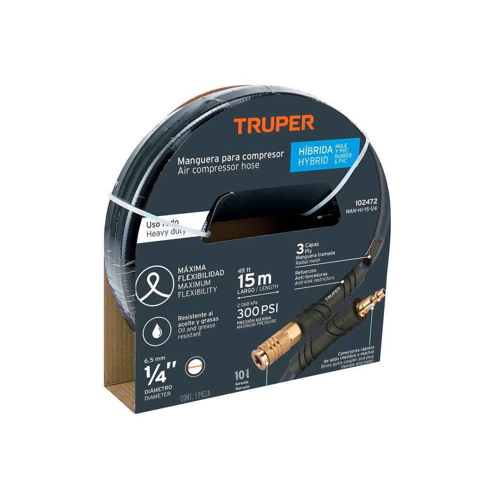 Manguera híbrida para compresor, 15 m x 1/4', Truper
