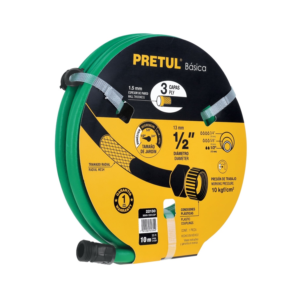 Manguera verde 1/2' 2 capas 10m conexiones plásticas, Pretul - Pag 229