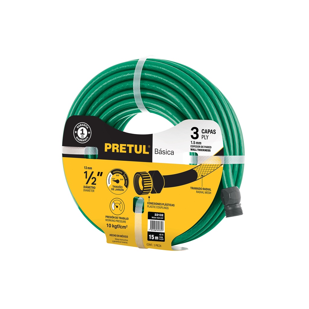 Manguera verde 1/2' 2 capas 15m conexiones plásticas, Pretul - Pag 229