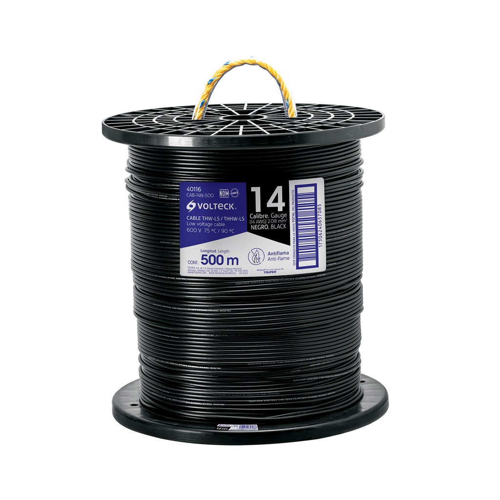 Metro de cable THHW-LS 14 AWG negro en carrete de 500 m