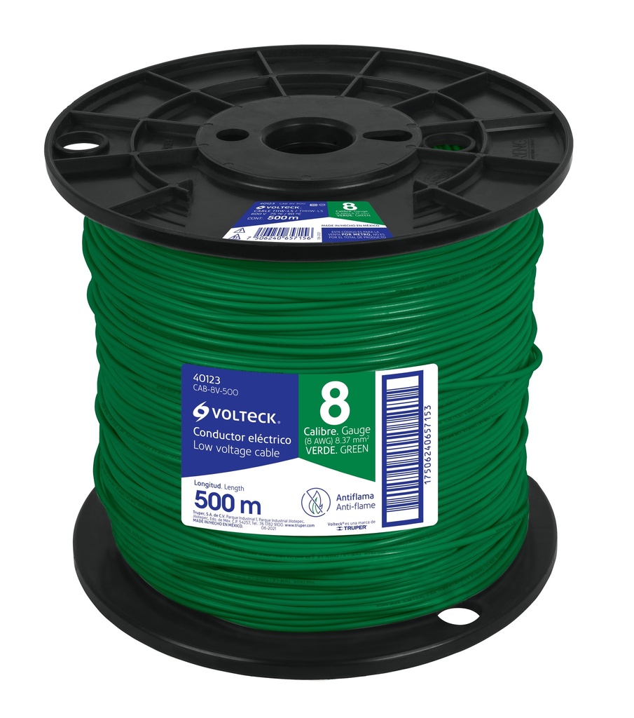 Metro de cable THHW-LS 8 AWG verde en carrete de 500 m