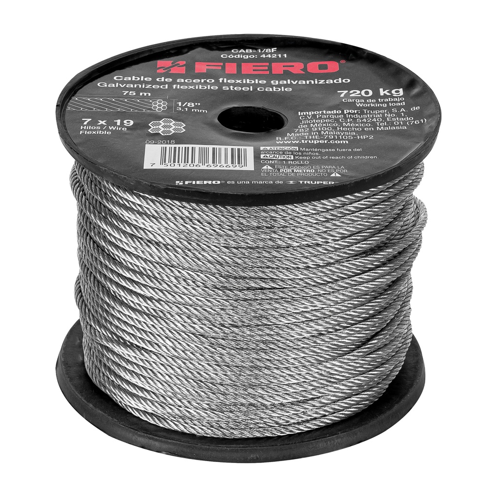 Metro de cable flexible 1/8' de acero 7x19 hilos, 75 m - Pag 550