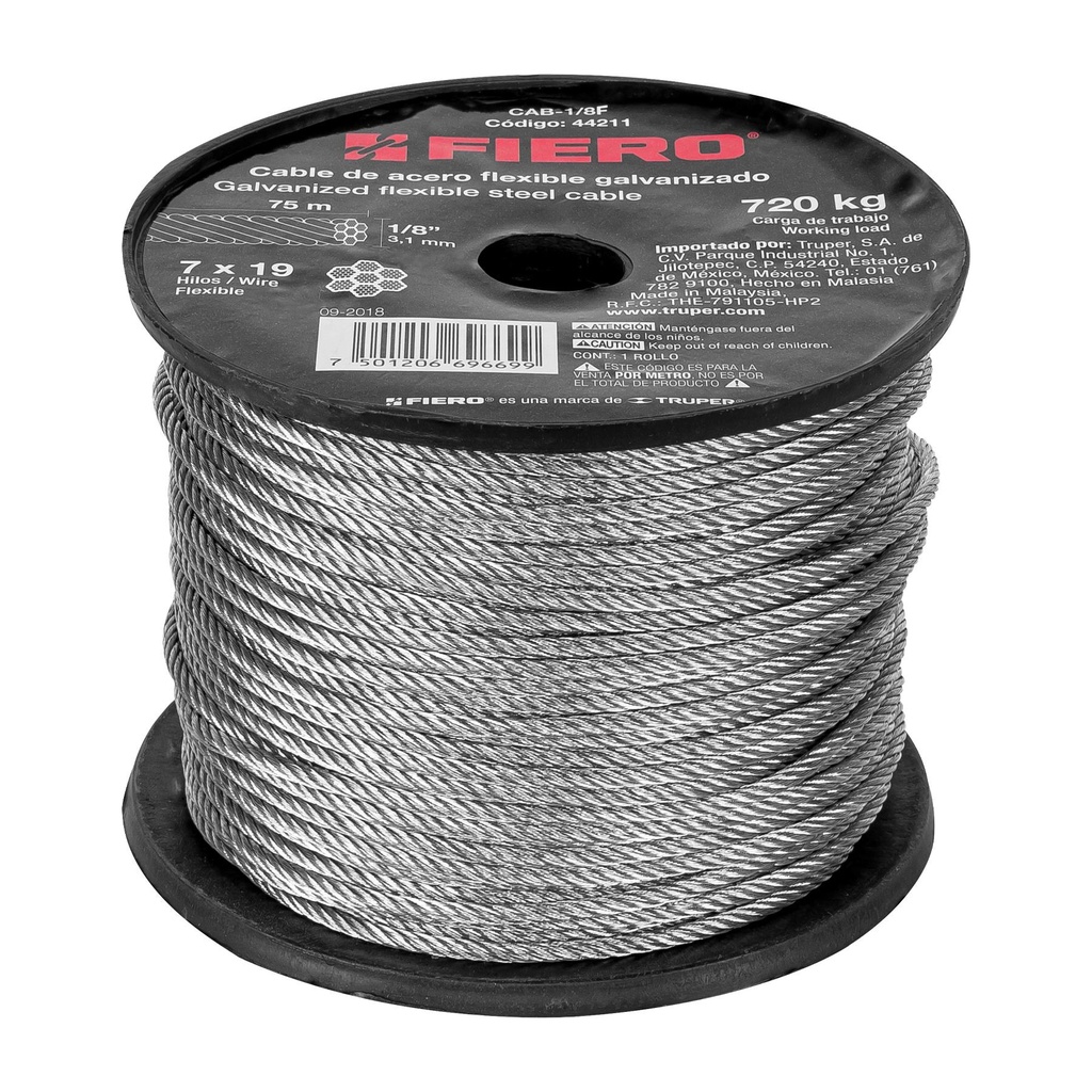 Metro de cable flexible 1/8' de acero 7x19 hilos, 75 m - Pag 736