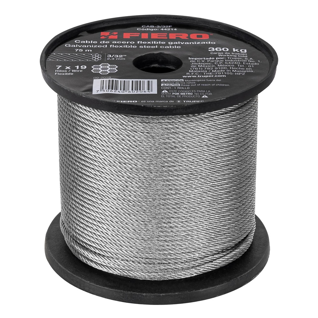Metro de cable flexible 3/32' de acero 7x19 hilos, 75 m - Pag 550
