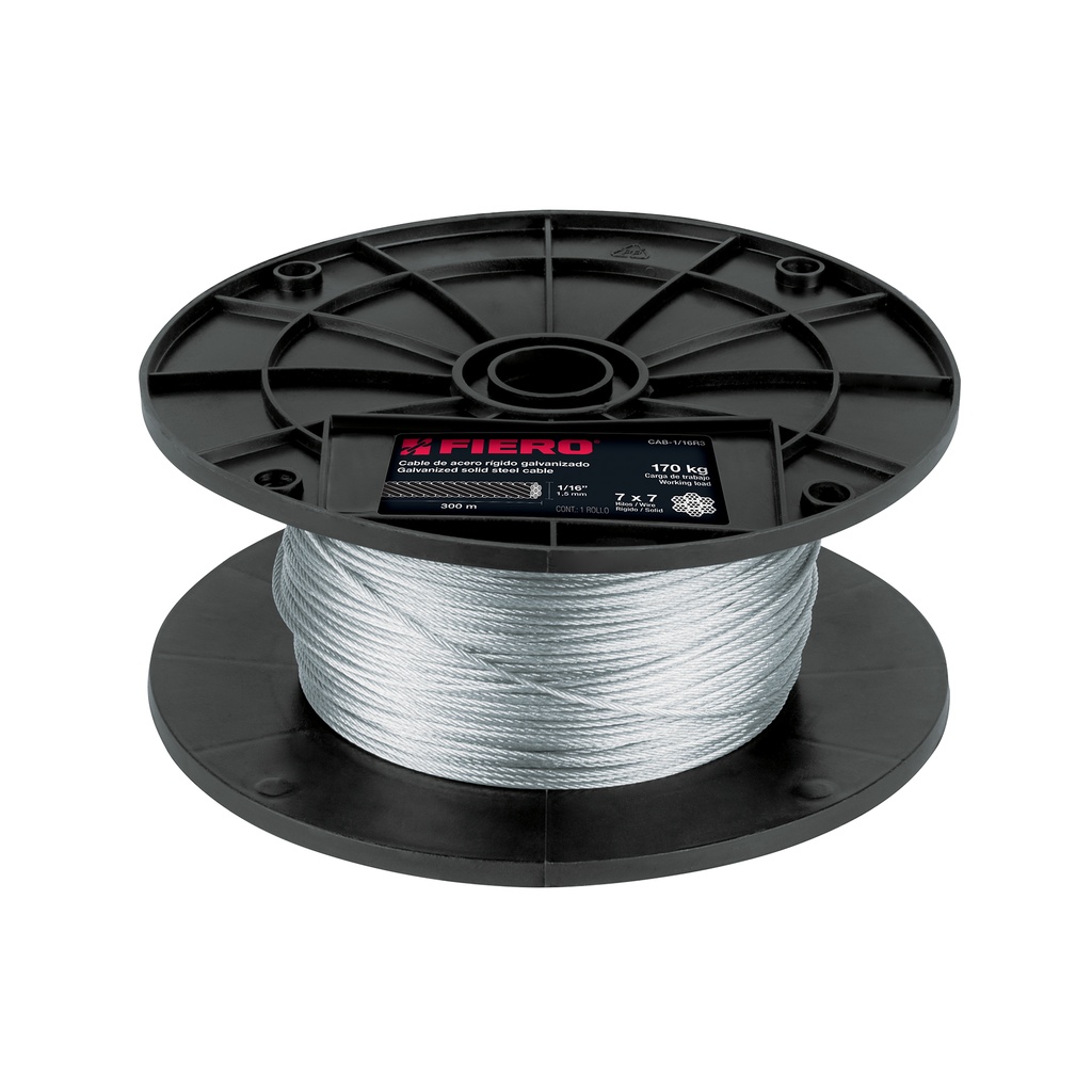 Metro de cable rígido 1/16' de acero 7x7 hilos, 300 m, Fiero