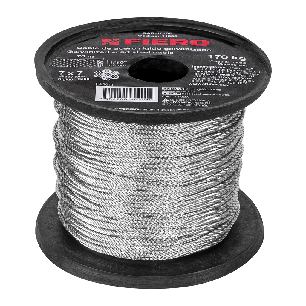 Metro de cable rígido 1/16' de acero 7x7 hilos, 75 m, Fiero - Pag 550