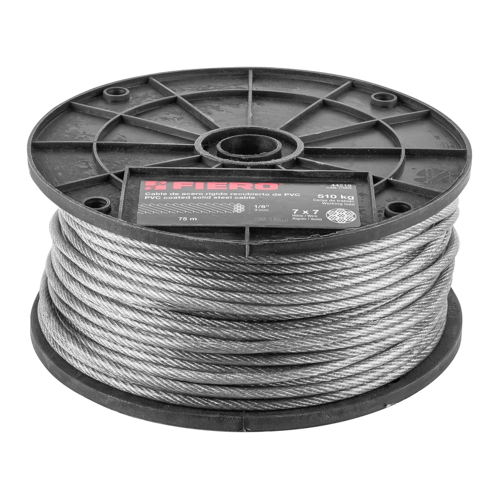 Metro de cable rígido 1/8' acero 7x7 recubierto PVC, 75 m - Pag 550